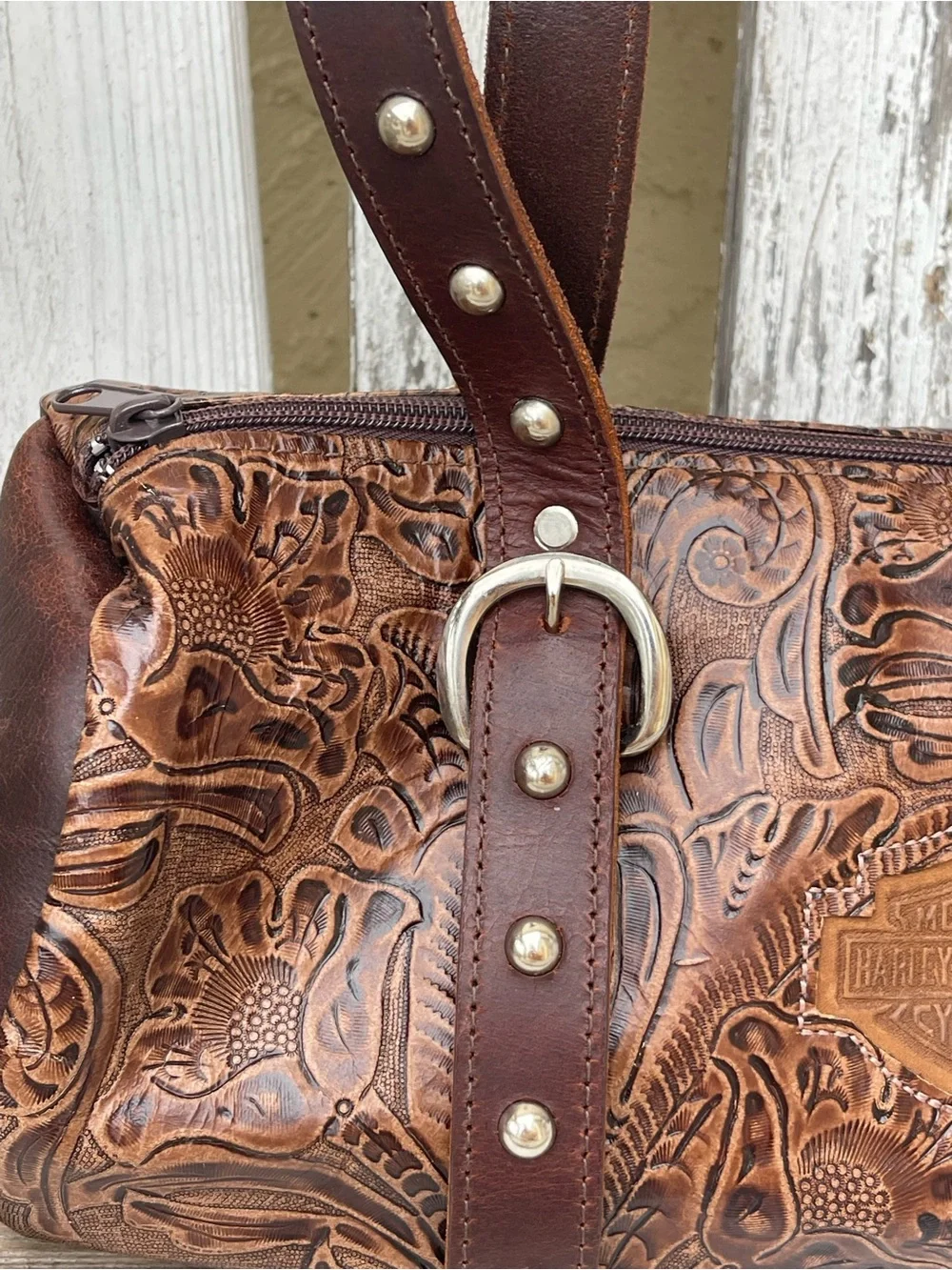 Harley-Davidson Brown Tooled Leather Barrel Satchel Shoulder Bag